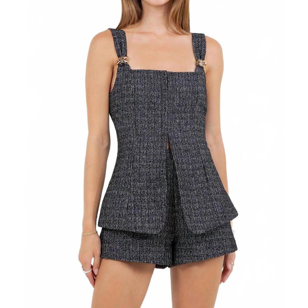 NEW WHITEROOM+CACTUS metal trim accent corset tweed top in black/white
